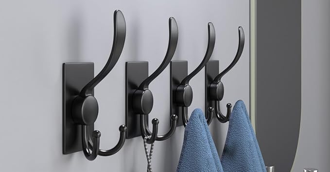 PMMASTO Adhesive Towel Hooks Heavy Duty Wall Hooks Stainless Steel Stick on Door Hooks for Hanging Coat, Hat, Towel Robe Hook-Bathroom Kitchen (Black-4 Pack)