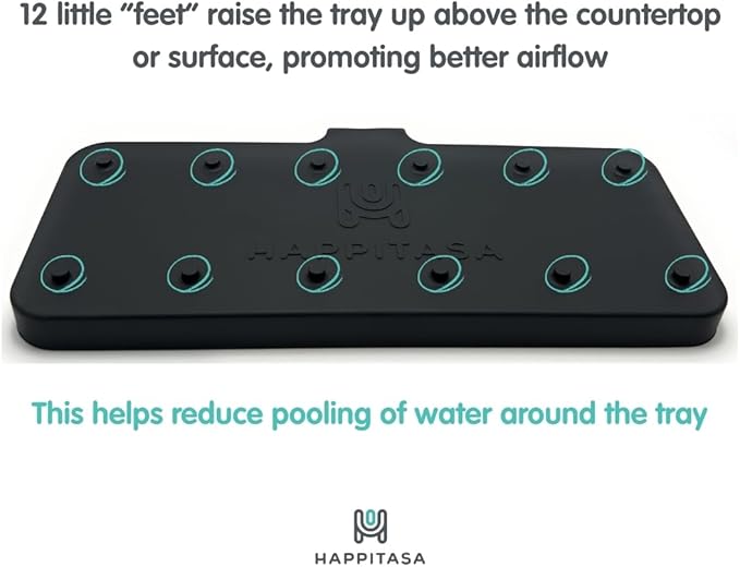Happitasa Silicone Soap Dish Tray and Sponge Holder with Drain Chute and Feet | 3-Way Sloped Design | Bathroom and Kitchen Sink Organizer Caddy (Light Grey, 10"x4")