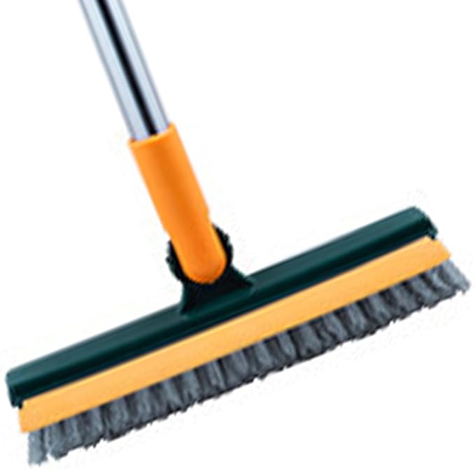 2 in 1 Floor Brush Scrubber with Long Handle Rotating Grout Brush Scrape V Shape Scrub Brush with Squeegee Deck Scrubber Brush for Deck Bathroom Kitchen (Yellow and Green)