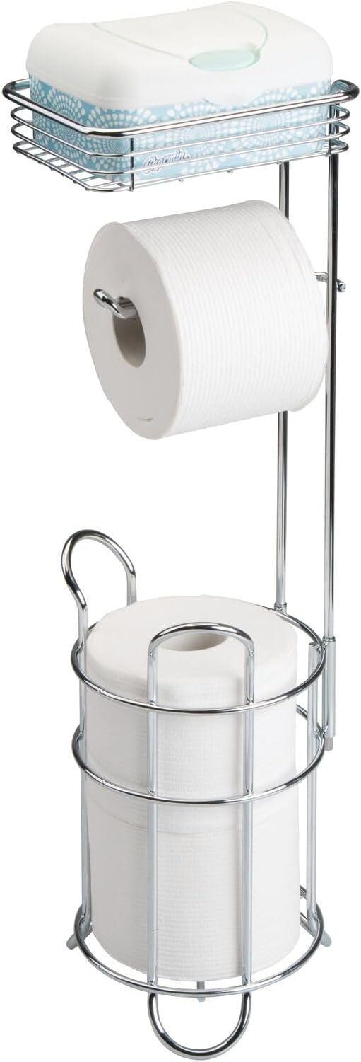 mDesign Steel Toilet Paper Holder with Storage Shelf - Concerto Collection - Chrome - Holds 3 Rolls