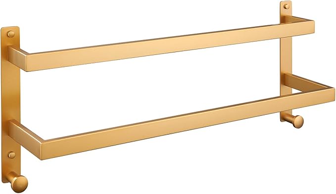 24 Inch Double Towel Bar for Bathroom with Hooks Stainless Steel Bath Towel Rack Wall Mounted Gold Finished