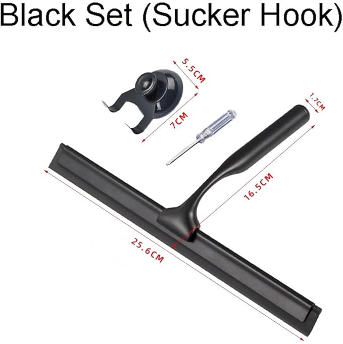 Gold T Design Aluminum Shower Squeegee with Silicone Brush for Bathroom Door Mirror Car Glass with Hook Scraper Cleaner,Black,25.6 * 16.5cm Suction Cup Type