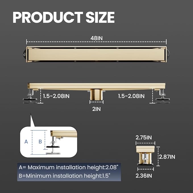 Linear Shower Drain 48 Inch Gold, Shower Drain with 2-in-1 Tile Insert Panel, Brushed AISI 304 Stainless Steel Linear Drain for Fast Drainage, Floor Drain for Bathroom, Kitchen, Garage & More