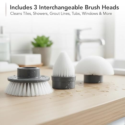 OVENTE Electric Spin Scrubber, Cordless Power Scrubber with 3 Brush Head, Adjustable Extension Handle, Waterproof Perfect for Cleaning Toilet, Shower, Bathroom Tub and Tile Floor, White CTB123WGY