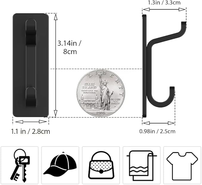 Quik D Heavy Duty Adhesive Wall Hooks for Hanging (4 Pack) — Waterproof & Rustproof Double Hooks, No Drilling Stick On Hooks for Bathroom, Kitchen, Door, Coat, Towel, Keys & Robes (6)