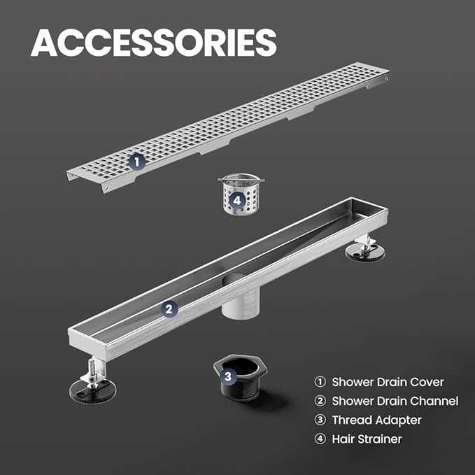 Linear Shower Drain 48 Inch, Brushed AISI 304 Stainless Steel Shower Drain with Square Hole Panel, for Bathroom, Kitchen, Garage & More