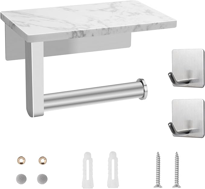 Toilet Paper Holder with Marble Shelf, SUS304 Stainless Steel Wall Mounted Toilet Paper Holder and 2 PCS Free Adhesive Hooks for Bathroom Washroom