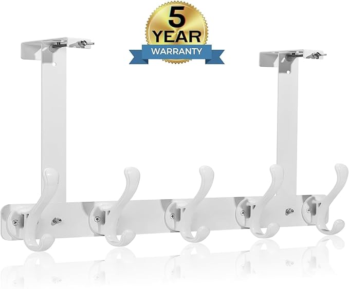 persevere Over The Door Hooks with Auto-Locking Design, Rustproof Multi-Functional Coat Rack, Bathroom Towel Holder, Space-Saving Door Hanging Organizer with 5 Hooks for Clothes and Towels (White)