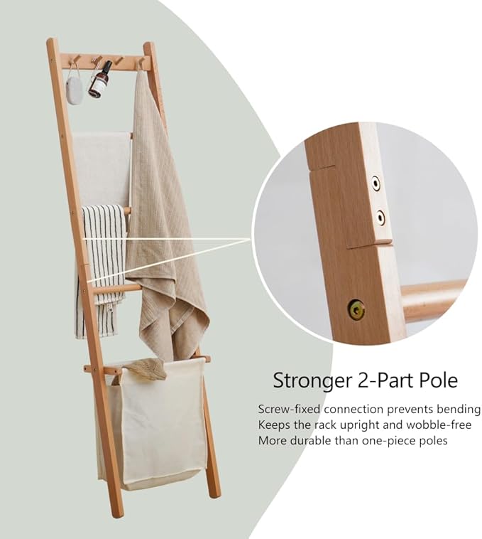 Beech Wood Blanket Ladder, 5.3ft Natural Farmhouse Quilt Holder with Top Hooks, 4-Bar Decorative Throw Rack, Towel Shelf for Living Room, Bedroom, Small Space Storage (Natural Cloth Bag)