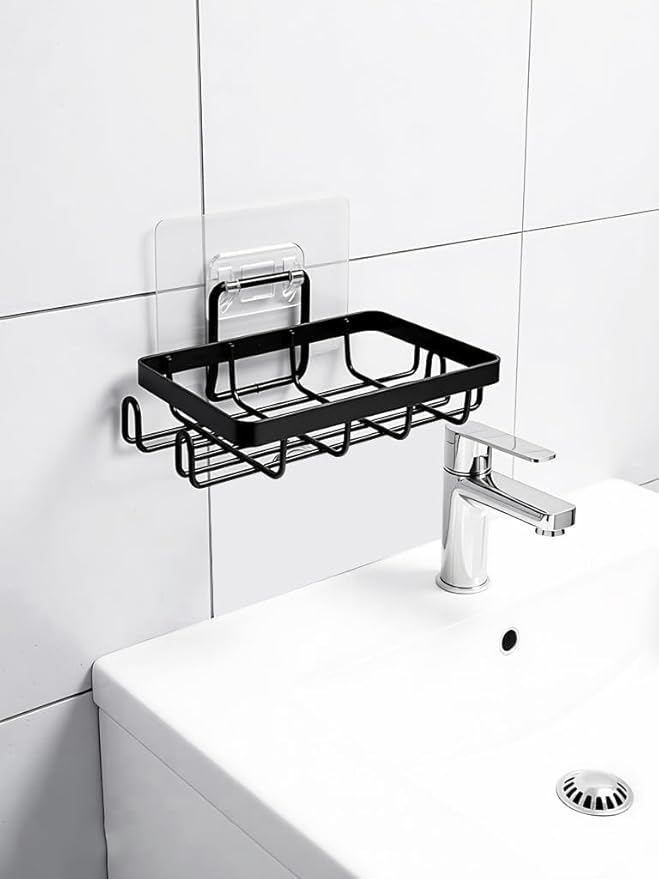 Shower Soap Holder Wall Mounted 2 Pc, Bathroom Soap Holders with 4 Hooks, Razor Holder for Shower Wall, Jaboneras Para Baños Modernos for Storage of Shampoo Bar, Conditioner, Razor, No Drilling, Black