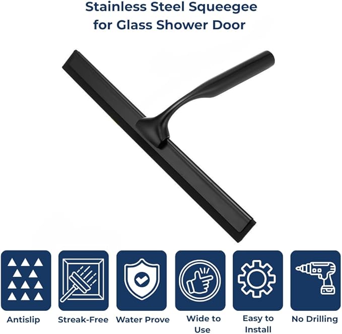 Stainless Steel Shower Squeegee for Shower Glass Door with Adhesive Hook, Bathroom Cleaner Tool, Bathroom Household Window Mirror Squeegee for Glass Doors, Cleaning Tile Wall, Car, 10 inch
