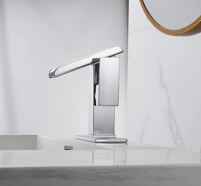 Chrome Bathroom Sink Faucet One Hole LED Waterfall Spout RGB 3 Colors Light Changing Lavatory Vanity Faucets Brass Single Handle Modern Washbasin Bath Tap Include Plates to Cover Holes Residential