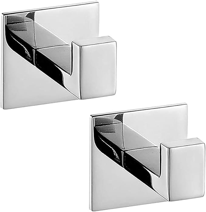 2PC SUS304 Stainless Steel Bathroom Self Adhesive Towel Hook Hanger Chrome Finish Coat Hook Robe Hook Hanger Without Drilling Easy Installation … (Self Adhesive, 2PC)