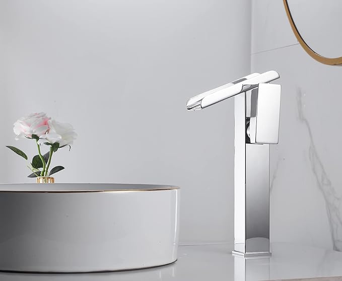 Chrome Bathroom Faucet LED 3 Color Changing Light Waterfall Vessel Sink Faucets Single Handle One Hole Bowl Sink Faucet Vanity Lavatory Deck Mount Bath Mixer Tap Tall Body Modern with Supply Lines