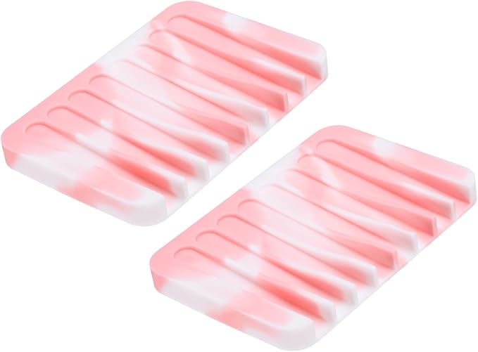 uxcell 2 Pcs Self Draining Silicone Soap Dish, Soap Tray with Drainage for Bathroom Shower Kitchen Sink, 4.5" x 3.1" x 0.4", Pink/White