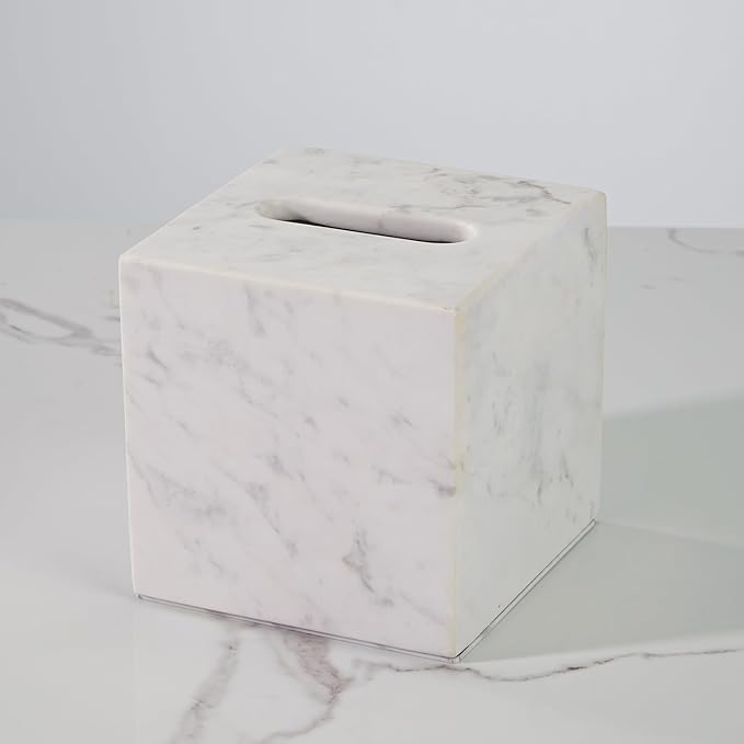 White Marble Tissue Holder, Removable Square Tissue Box with Acrylic Board Bottom, Natural Marble Napkin Box, Premium Tissue Holder Cover for Bathroom, Living Room, Bedroom, Office, Toilet