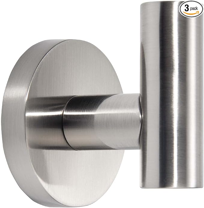 TUNNY 3 Pack Round Bathroom Towel Hooks - Shiny Nickel Brushed Robe, Coat, Wall Hooks for Bathroom, Bedroom, Kitchen