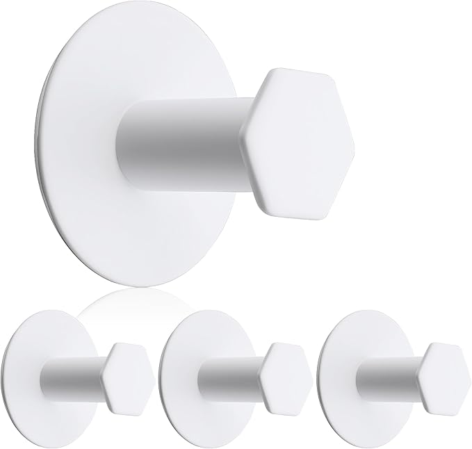 SAYAYO Adhesive Hooks for Hanging Coat, Hat, Robe, Brushes, Stick on Towel Hooks for Bathroom Kitchen, Waterproof SUS304 Stainless Steel Sticky Wall Hooks, No Nails, 4 Pack, White