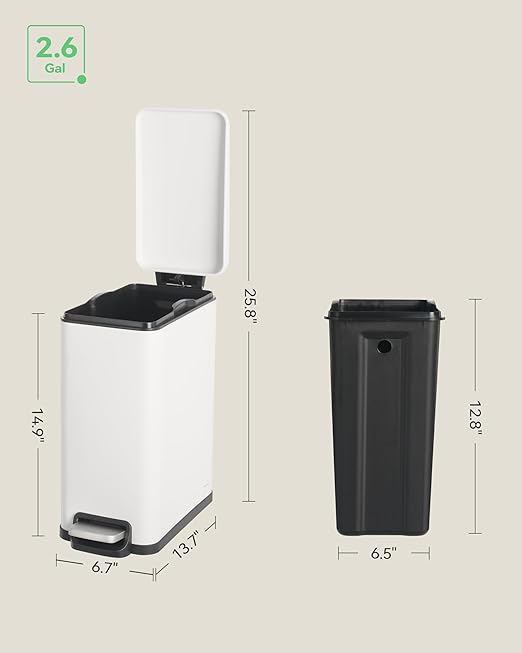 Small Bathroom Trash Can with 15 Garbage Bags,2.6 Gallon Stainless Steel Garbage Can with Lid Soft Close,Small Trash Bin for Bathroom,Kitchen,Home Office,White