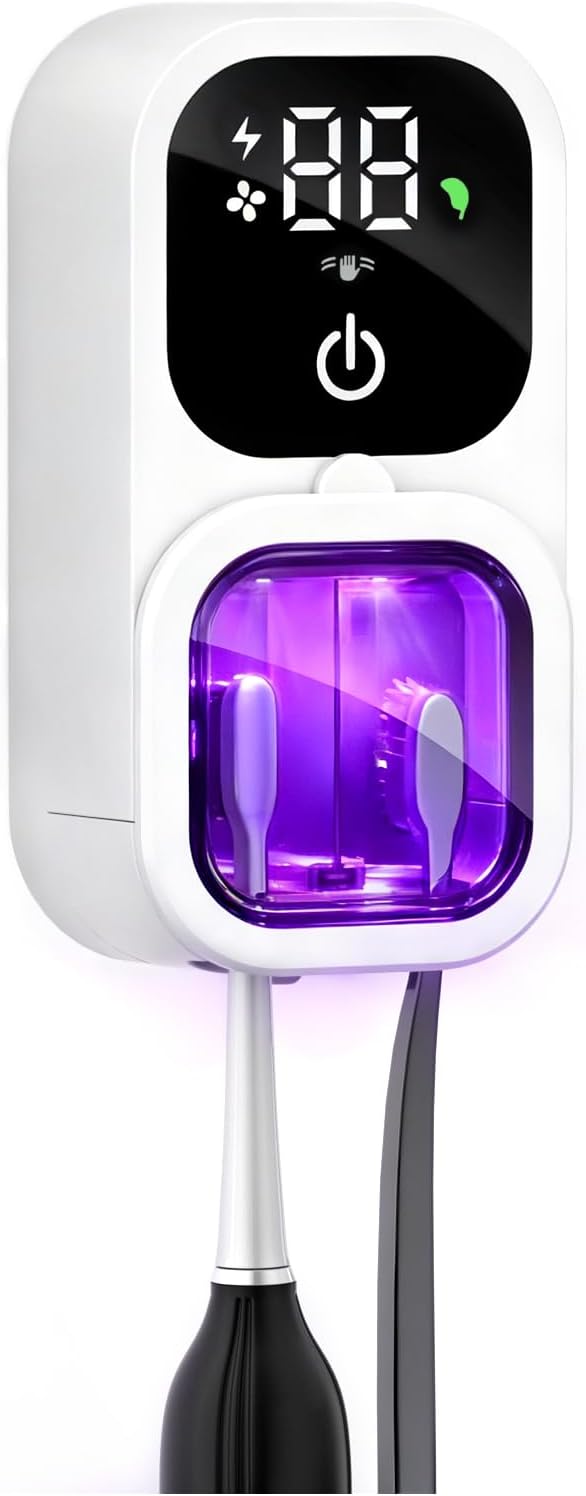 Toothbrush Sanitizer, Wall Mounted Toothbrush Holder & Toothbrush Cleaner, 4UVC Lights Cleaning, 2300mAh High-Capacity Battery, Auto-inductive Cover, Rechargeable Toothbrush Holders for Bathrooms, RV