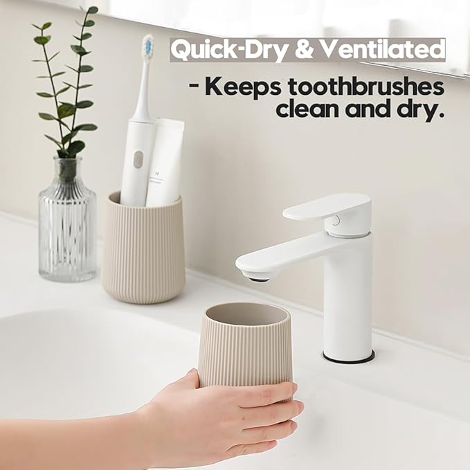 Beige Striped Toothbrush Holder for Electric Toothbrushes Bathroom Organizer for Toothpaste Kids & Adults