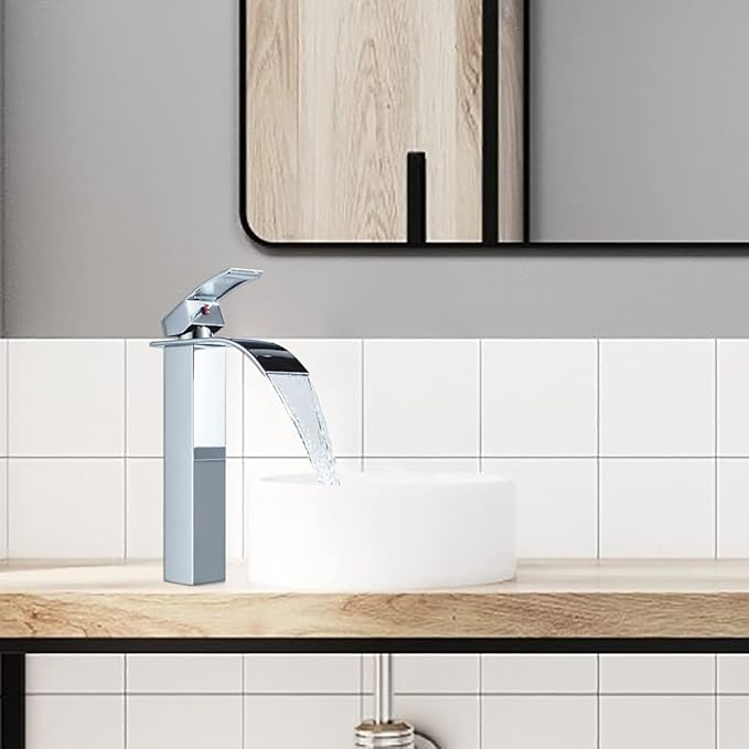 VOTON Vessel Sink Faucet Chrome Modern Tall Waterfall Bathroom Sink Faucet with Pop-Up Drain Single Handle Bathroom Faucet 1 Hole Bowl Lavatory Vanity Faucet, Rv Sink Camper Farmhouse Bathroom Faucet