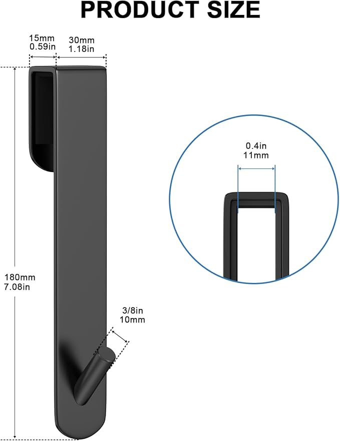 Shower Door Hook, Extended Length Frameless Shower Door Hook (7 Inches), Heavy-Duty Bathrobe Towel Stainless Steel Hook, No Drilling or Adhesive Required, 2-Pack,Black