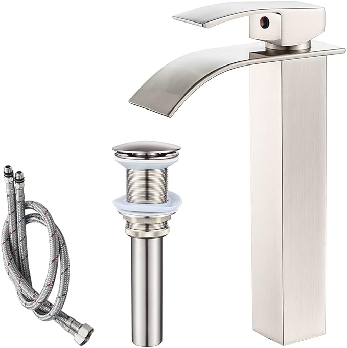 VOTON Vessel Sink Faucet Brushed Nickel Modern Tall Waterfall Bathroom Sink Faucet with Pop-Up Drain Single Handle Bathroom Faucet 1 Hole Bowl Lavatory Vanity Faucet, Rv Sink Camper Farmhouse Faucet
