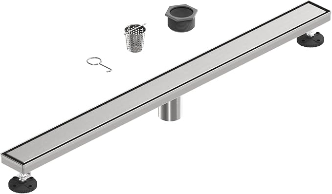 36-Inch Linear Shower Floor Drain, Stainless Steel Bathroom Floor Drains, Rectangular Shower Trench Floor Drain, Hair Strainer, Brushed Nickel