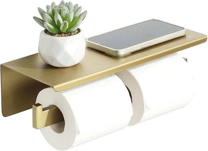 Alise Toilet Paper Holder,Bathroom Tissue Holder with Shelf,SUS304 Stainless Steel Double Toilet Paper Roll Holder Storage Dispenser,Self Adhesive or Wall Mount Drilling Paper Rack,Golden GYT5002-G
