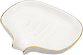 White Soap Dish Ceramic Self Draining Soap Dish Waterfall Slot Gold Edge Bathroom Accessories for Bathroom, Kitchen,Bar Counter
