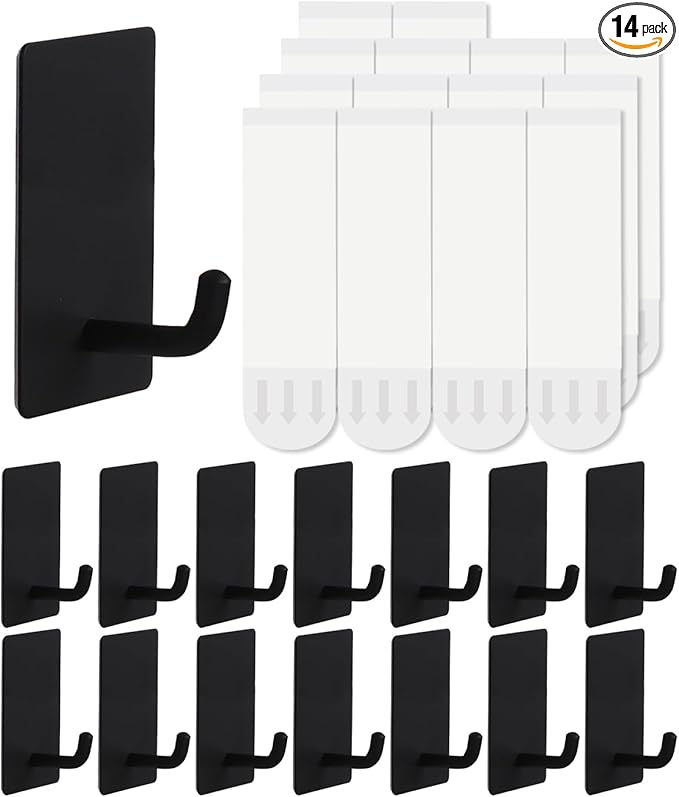 14 Pcs Towel Hooks with Removable Strips for Hanging, Adhesive Wall Heavy Duty, Outdoor No Damage, Sticky Hook for Bathrooms, Shower, Stockings, Decor, Robe, Small, Black 304 Stainless Steel