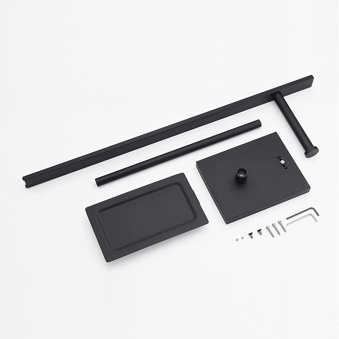 Miyili Matte Black Freestanding Toilet Paper Holder with Shelf, Paper Towel Dispenser Storage Organizer for Bathroom Square Style, F04B2