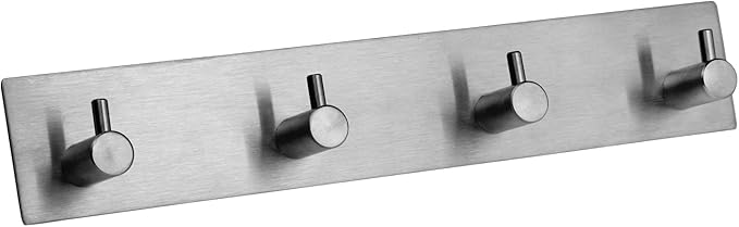 Self Adhesive Towel Hooks for Bathrooms Brushed Nickel Stick on Wall Bath Hanger Peel and Matte Shower Coat hook Mount 4 hooks, Silver