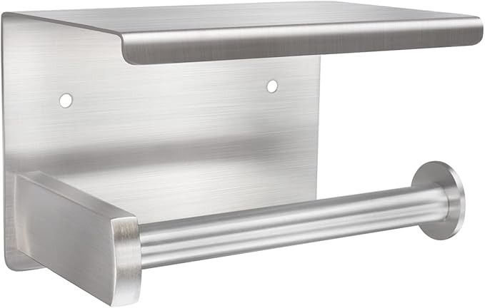 Adhesive Toilet Paper Holder with Shelf, Toilet Paper Roll Holder Wall Mounted, Fits Mega Roll, Stainless Steel Tissue Roll Dispenser Storage No Drilling (Brushed Nickel)