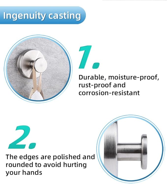 YEYSXSY Luxe Hold No Drill Hooks Stainless Steel Waterproof Suction Cup Hooks Towel Bath Robe Hooks for Bathrooms Silver 4 PCS