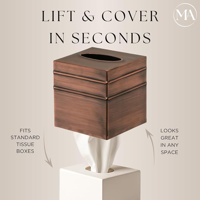 Monarch Abode Tissue Box Cover Square – Handcrafted Border Embossed Antique Copper Metal Tissue Holder Box for Bathroom Accessory, Aesthetic Decorative Facial Napkin Cube for Modern Home Decor