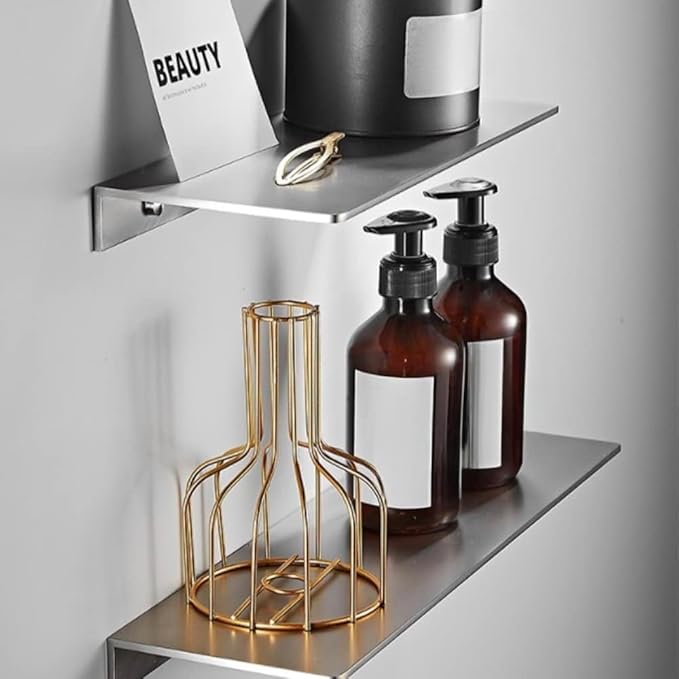 12Inch Stainless Steel Wall Mounted Floating Shelf Drilling or Shelf Adhesive Modern Room Decor Wall Shelf Floating Shelf for Bathroom Bedroom Decor