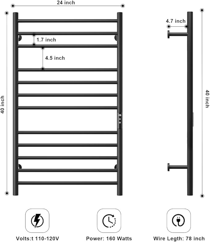 MENATT 12 Bars Heated Towel Warmer Racks Wall Mounted, Electric Heated Towel Rack for Bathroom,Towel Warmer Rack with Built-in Timer,Adjustable Temperature,Matte Black