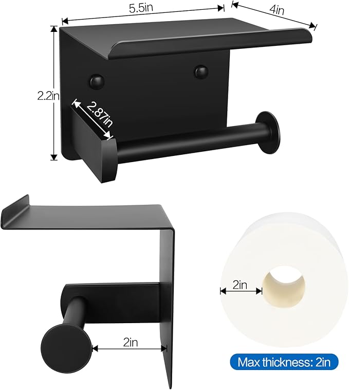 1pcs Matte Black Toilet Paper Holder with Shelf, Screw or Self Adhesive Toilet Paper Holder Wall Mount