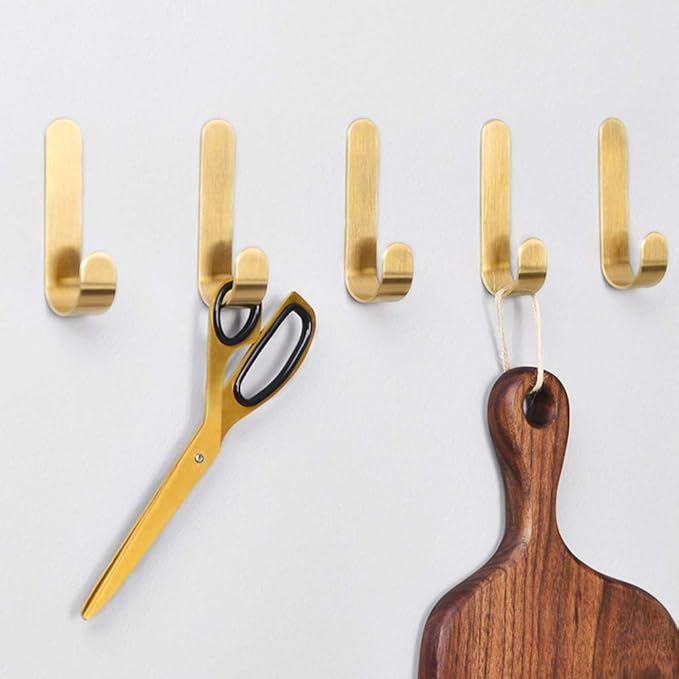 Bathroom Towel Hook, Shower Kitchen Wall Hanging Hooks, No Drill,Brass, Adhesive Hooks, 2-Pack