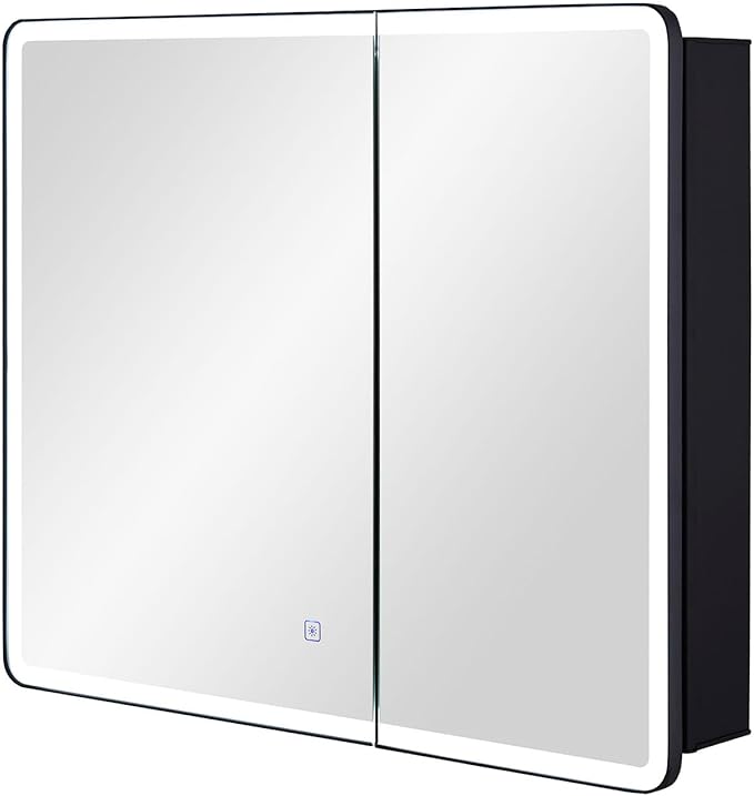 Lighted Bathroom Medicine Cabinet with Round Corner Framed Mirror Door 30 x 25.6 inch, Recessed or Surface Mount, with Adjustable Glass Shelves