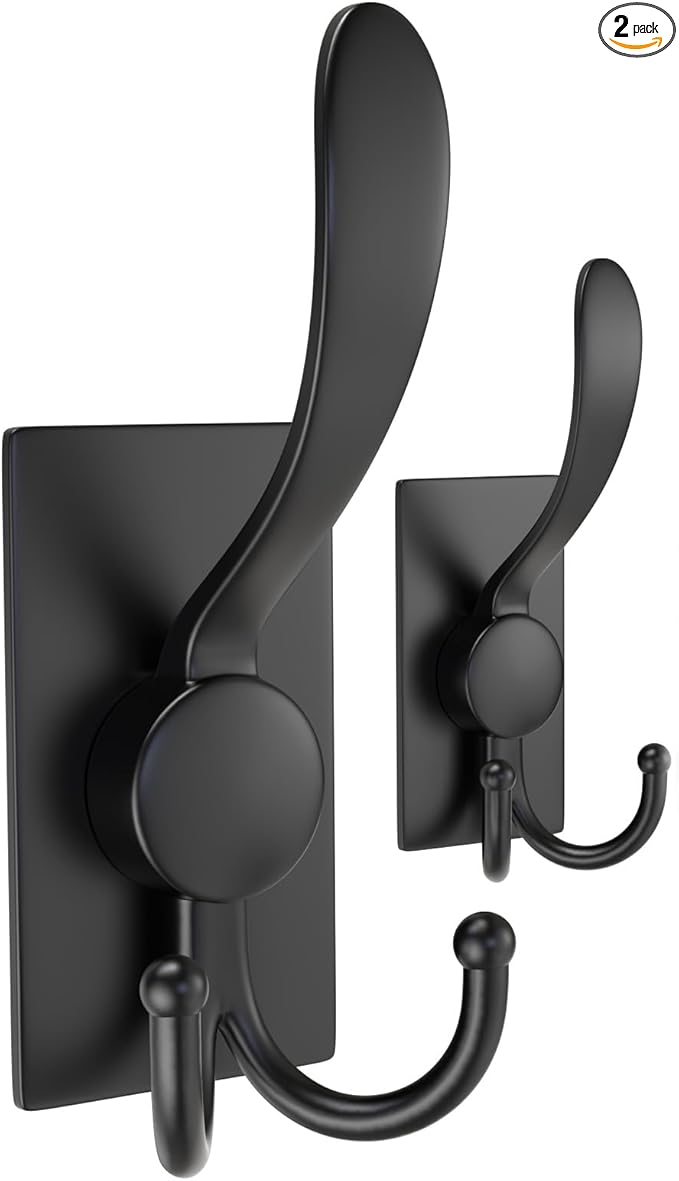 PMMASTO Adhesive Towel Hooks Heavy Duty Wall Hooks Stainless Steel Stick on Door Hooks for Hanging Coat, Hat,Towel Robe Hook - Bathroom/Kitchen (Black - 2 Pack)