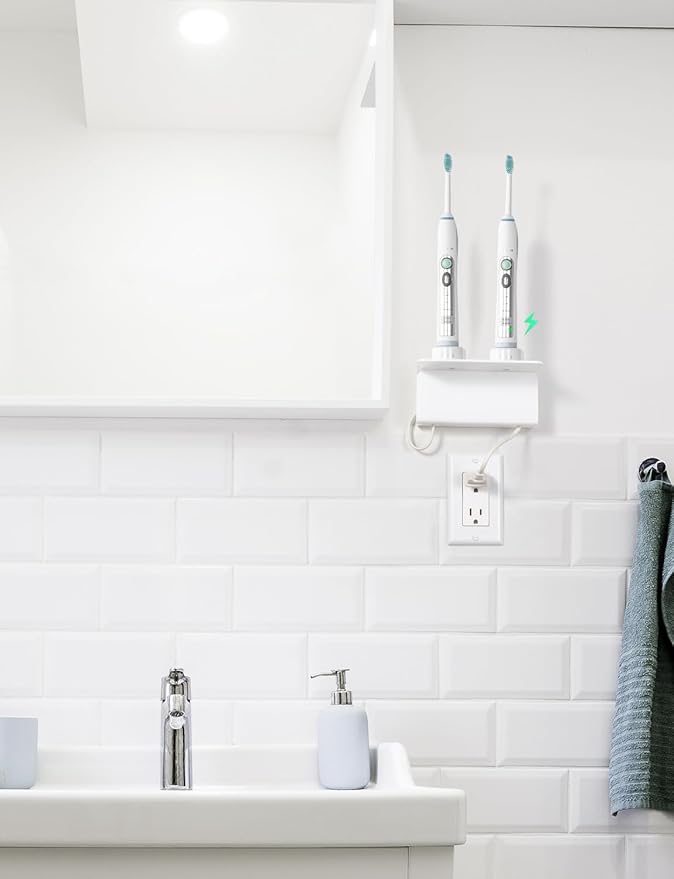 OAPRIRE Electric Toothbrush Holder Wall Mounted, 2 Pack Acrylic Electric Toothbrush Holder for Bathroom Come with Cable Organizer, Saving Space and Convenient Charging - White