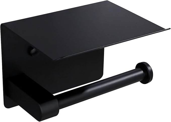 Toilet Paper Holder- Wall Toilet Paper Holder with Phone Shelf Storage Paper Roll Tissue Holder Dispenser Mounted Black Adhesive Paper Holders with Shelf Organizer for Bathroom