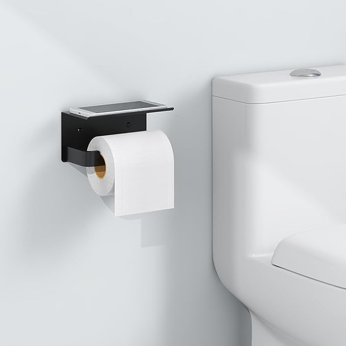 Toilet Paper Holder with Phone Shelf, Matte Black Toilet Paper Holder Wall Mount, Rustproof Stainless Steel Bathroom Storage