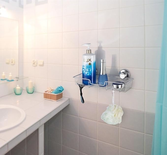 Suction Cups Compact Shower Caddy Bath Shelf with Hooks, Rustproof Stainless Steel Rectangle Storage Basket for Bathroom Kitchen Organizer, 2 Pack