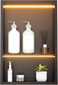12" x 18" Stainless Steel Shower Niche with LED Lights – Recessed 2-Tier Shower Shelf, 12"x12" Upper & 12"x6" Lower Storage, Modern Bathroom Wall Niche (Black)
