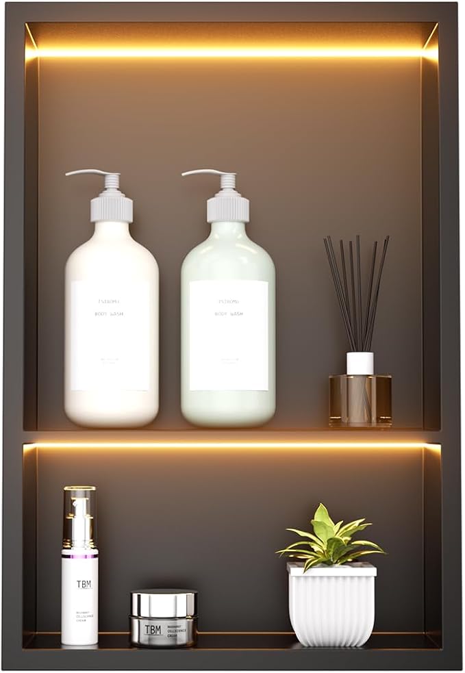 12" x 18" Stainless Steel Shower Niche with LED Lights – Recessed 2-Tier Shower Shelf, 12"x12" Upper & 12"x6" Lower Storage, Modern Bathroom Wall Niche (Black)