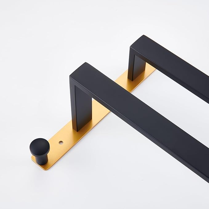 16 Inch Double Towel Bar with Hooks Black & Gold, Wall Mounted Towel Holder for Kitchen Bathroom, Stainless Steel Towel Rack